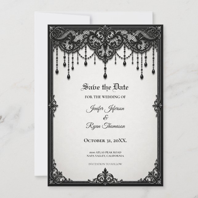 Invitación de guardar la fecha de encaje negro gót (Anverso)