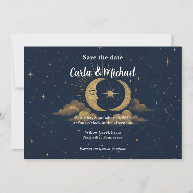 Invitación de Guardar la Fecha de Luna y Estrellas (Anverso)