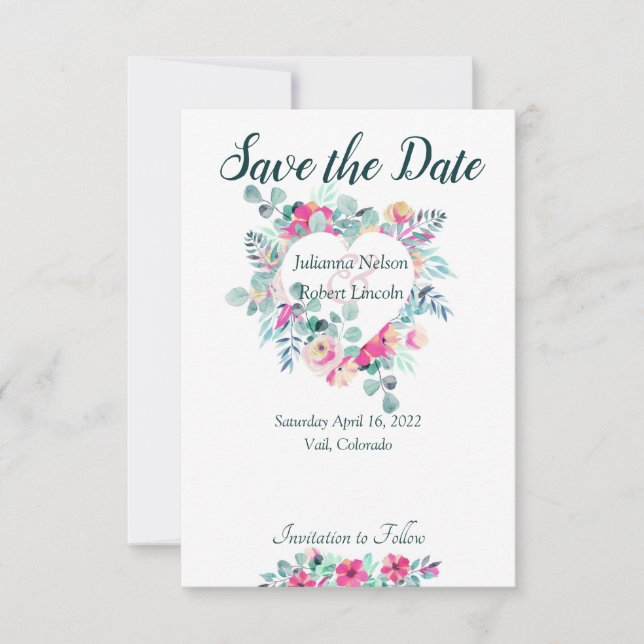 Invitación de guardar la fecha del corazón floral  (Anverso)