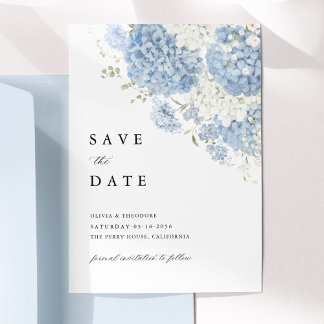 Invitación de guardar la fecha floral blanca azul