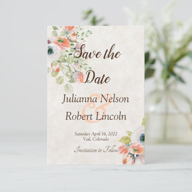 Invitación de guardar la fecha floral de acuarela  (Anverso de pie)