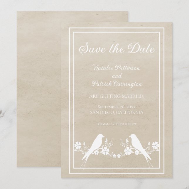Invitación de guardar la fecha floral de Lovebird  (Anverso / Reverso)