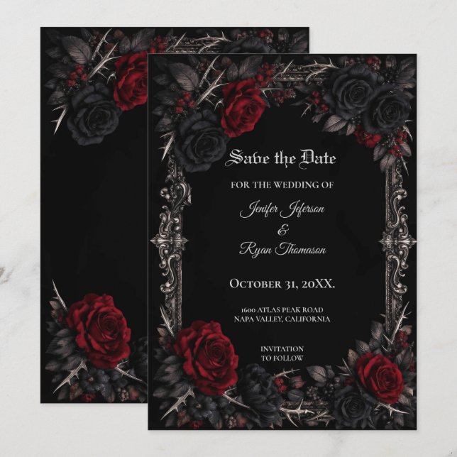 Invitación de guardar la fecha Floral Gótico Hallo (Anverso / Reverso)