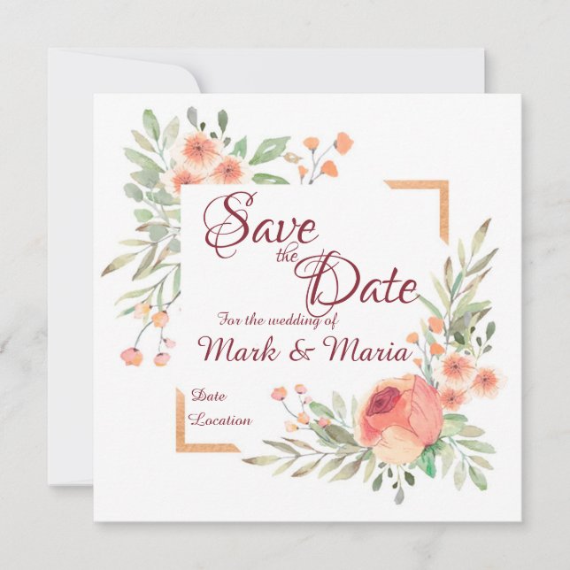 Invitación de Guardar la Fecha floral naranja (Anverso)