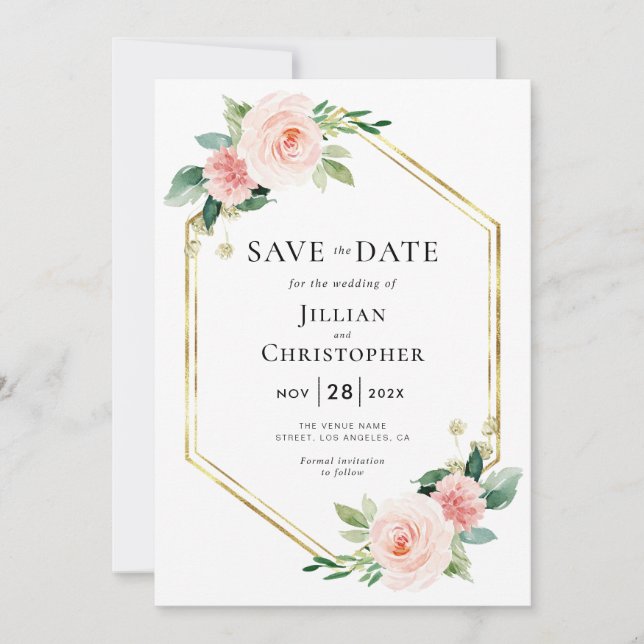 invitación de guardar la fecha floral rosa rubor (Anverso)