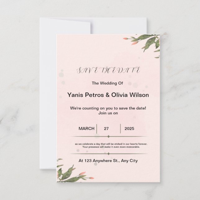 Invitación de guardar la fecha floral rosa y beige (Anverso)