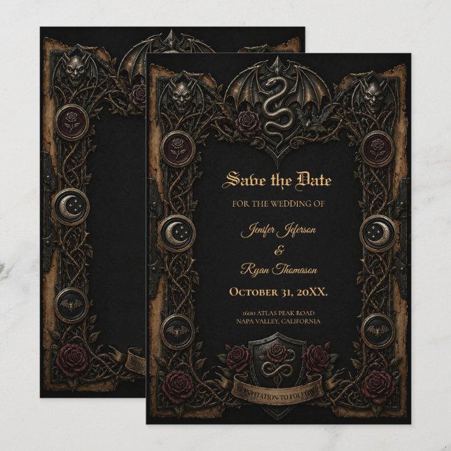 Invitación de guardar la fecha gótica oscura (Anverso / Reverso)