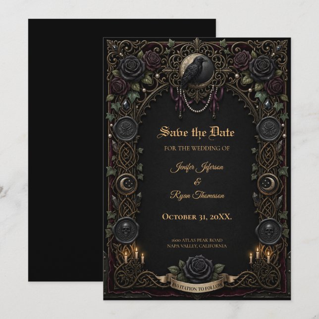 Invitación de guardar la fecha gótica oscura (Anverso / Reverso)