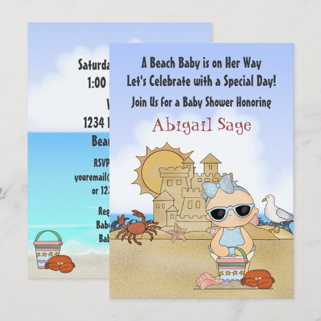Invitación de Guay Beach Baby Shower para Chicas (Anverso / Reverso)