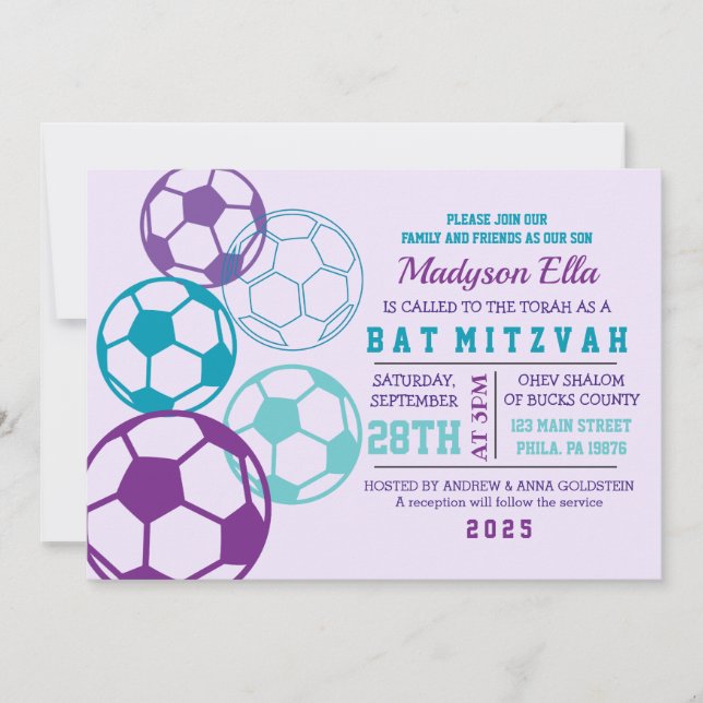 Invitación de Guay SOCCER Aqua Purple Bat Mitzvah (Anverso)