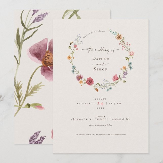 Invitación de guión de acuarela de flores silvestr (Anverso / Reverso)