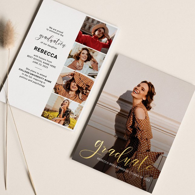 Invitación de guión de Collage de fotos de graduac (Graduation 2025 Photo Collage Script Gold Foil Announcement)