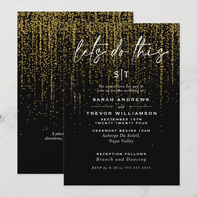 Invitación de guirnalda de purpurina dorada Chic E (Anverso / Reverso)