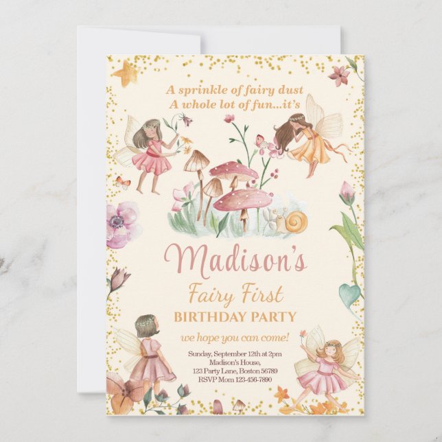 Invitación de hadas de primer cumpleaños Invitació (Anverso)