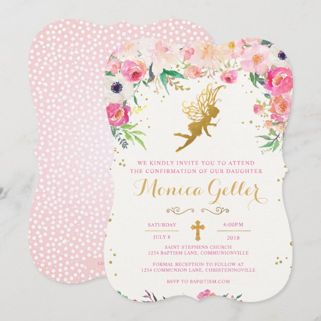 Invitación de hadas floral de la confirmación (Anverso / Reverso)