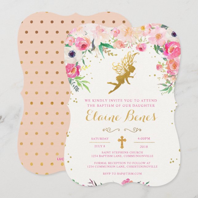 Invitación de hadas floral del bautismo (Anverso / Reverso)