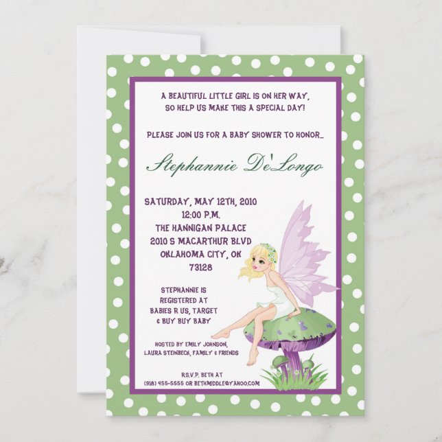 invitación de hadas púrpura de 5x7 Baby Shower (Anverso)