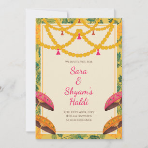 Invitación de Haldi india   Tarjeta amarilla flora