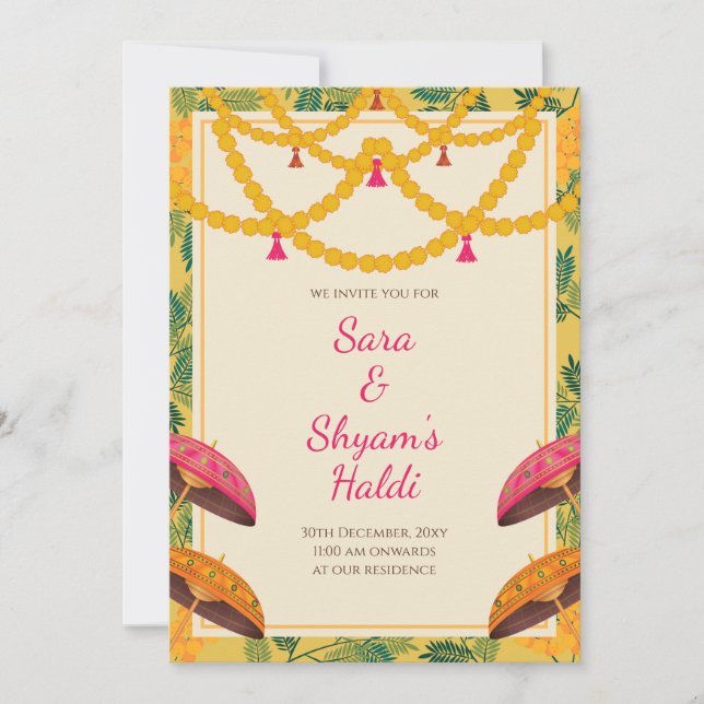 Invitación de Haldi india | Tarjeta amarilla flora (Anverso)