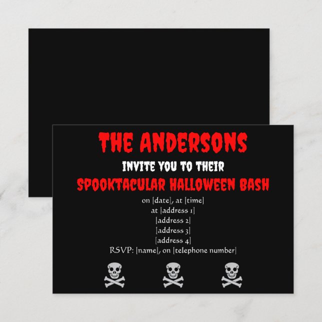 Invitación de Halloween Calavera y Huesos (Anverso / Reverso)