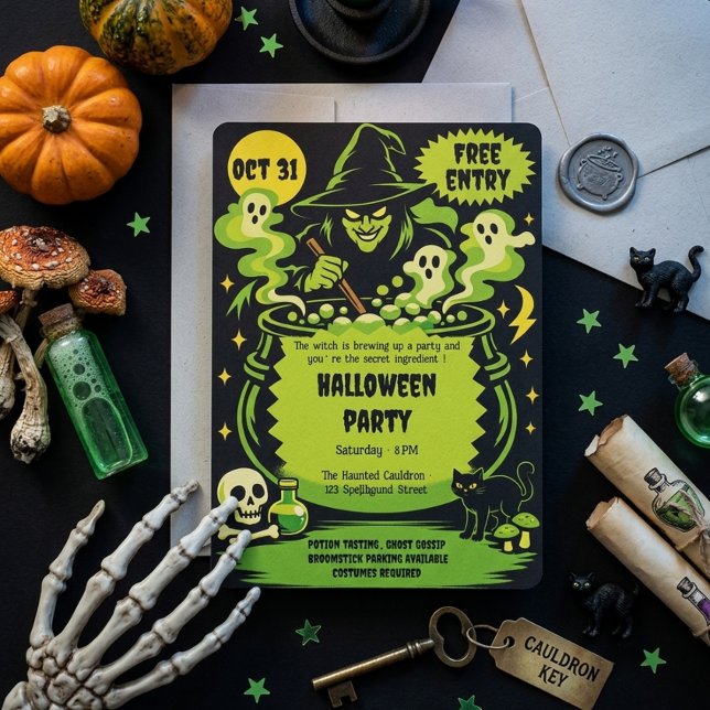Invitación de Halloween Caldero de Bruja Verde (Subido por el creador)