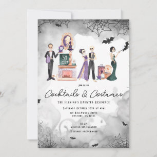 Invitación de Halloween con cócteles y disfraces