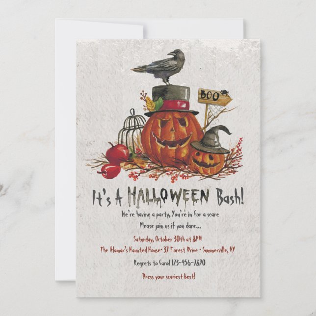 Invitación de Halloween con cuerdas y calabazas (Anverso)