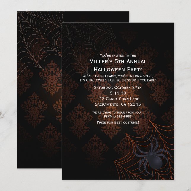 Invitación de Halloween con damasco naranja y negr (Anverso / Reverso)