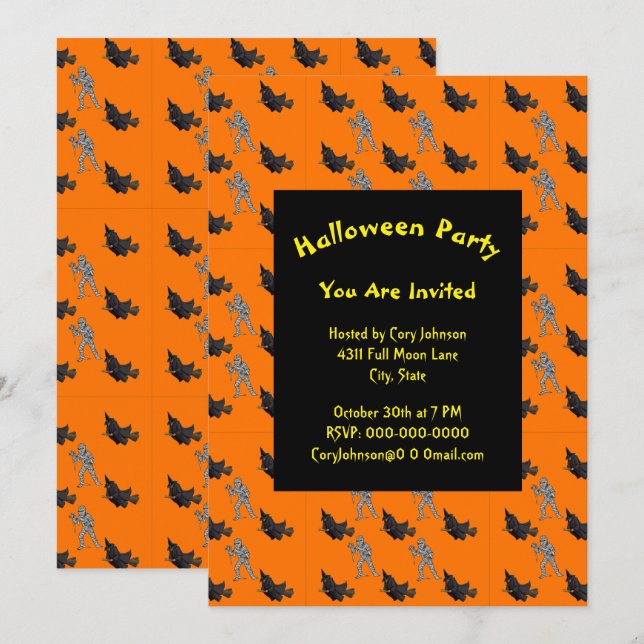 Invitación de Halloween con el patrón de bruja y m (Anverso / Reverso)