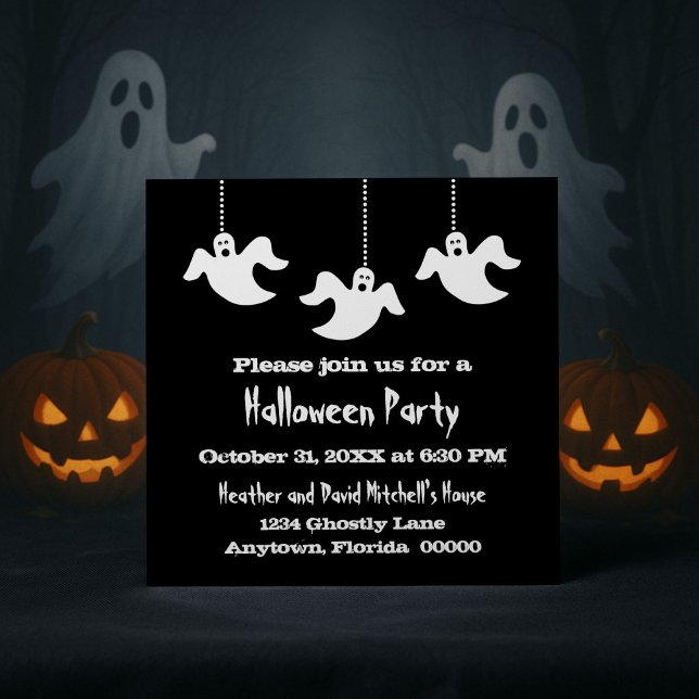 Invitación de Halloween con fantasmas colgantes, n (Black Hanging Ghosts Halloween Party Invitation)