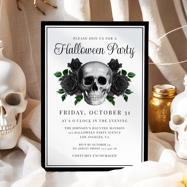 Invitación de Halloween con flor gótica (Gothic Floral Skull Halloween Invitation)