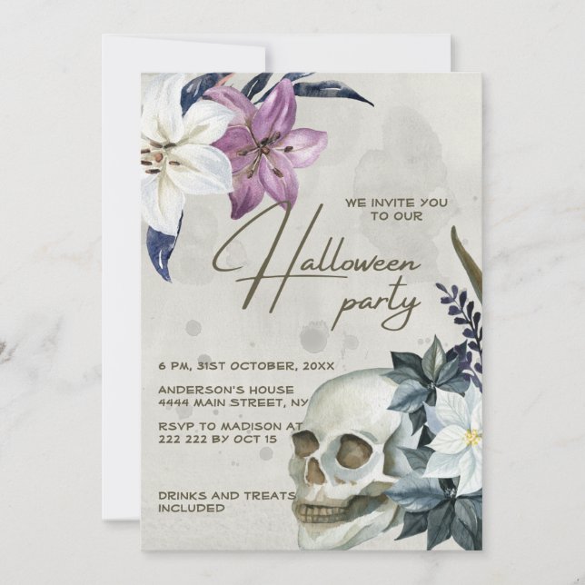 Invitación de Halloween con flores de Beige (Anverso)