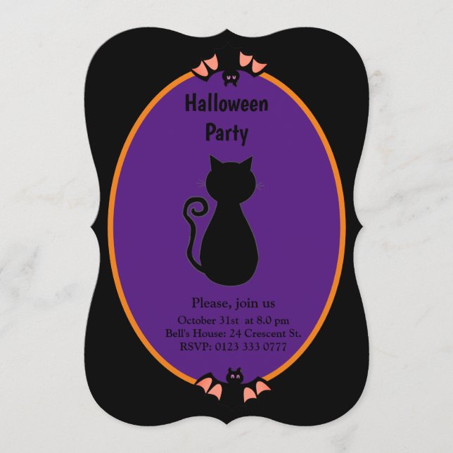 Invitación de Halloween con gato negro y murciélag (Anverso)