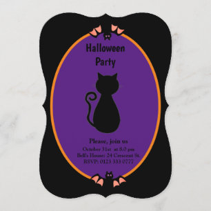 Invitación de Halloween con gato negro y murciélag