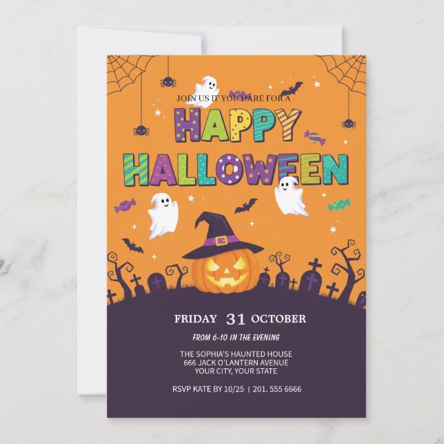 Invitación de Halloween con ghost y calabaza (Anverso)