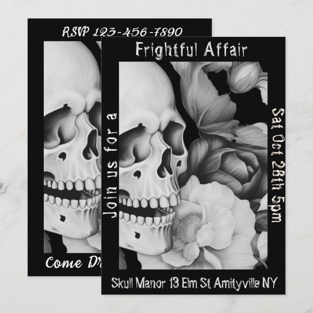 Invitación de Halloween con la flor blanca y negra (Anverso / Reverso)