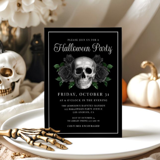 Invitación de Halloween con la flor floral gótica  (Black Gothic Floral Skull Halloween Invitation)