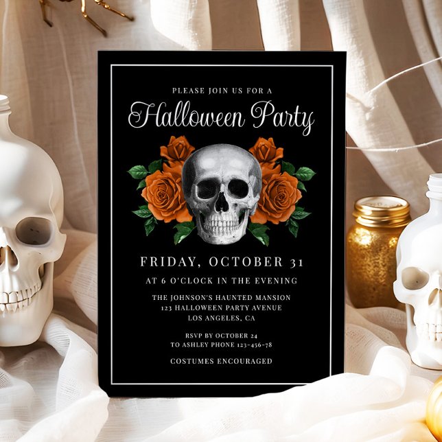 Invitación de Halloween con la flor floral gótica  (Black Gothic Floral Skull Halloween Invitation)