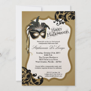 Invitación de Halloween con mascarada de oro 5x7