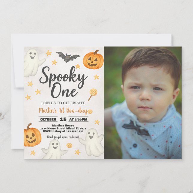 Invitación de Halloween de 1 cumpleaños con foto (Anverso)
