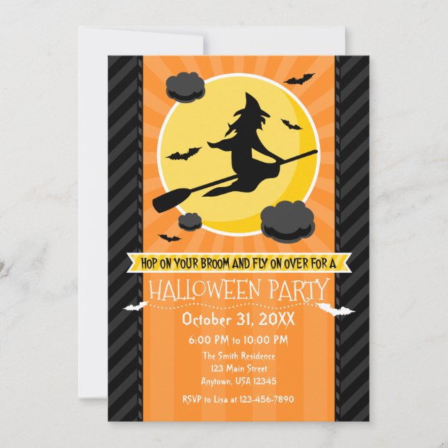 Invitación de Halloween de bruja gris negra naranj (Anverso)