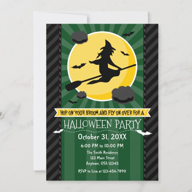 Invitación de Halloween de bruja gris negra verde  (Anverso)