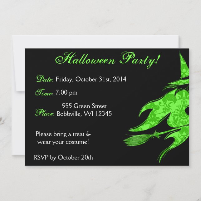 Invitación de Halloween de bruja verde voladora (Anverso)