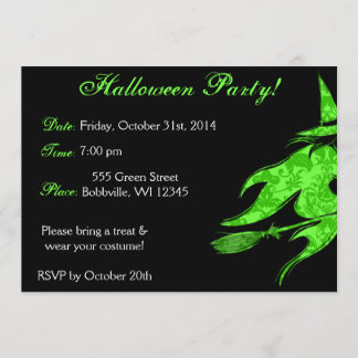 Invitación de Halloween de bruja verde voladora