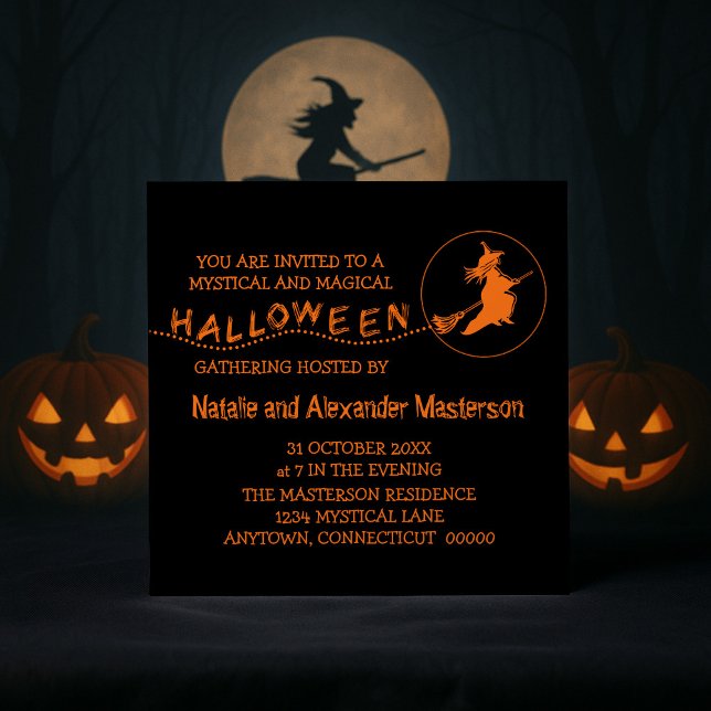 Invitación de Halloween de bruja voladora, negro y (Black and Orange Flying Witch Halloween Party Invite)
