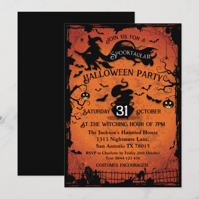 Invitación de Halloween de Bruja y Murciélagos Esp (Anverso / Reverso)