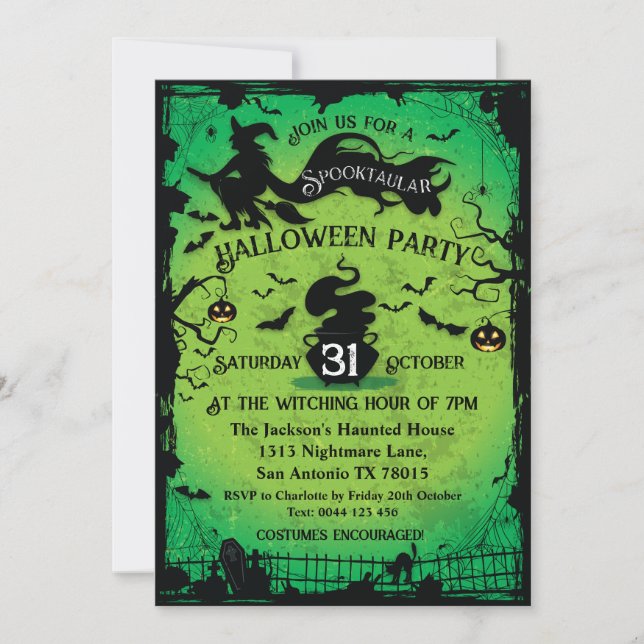 Invitación de Halloween de Brujas y Bats Spooktacu (Anverso)