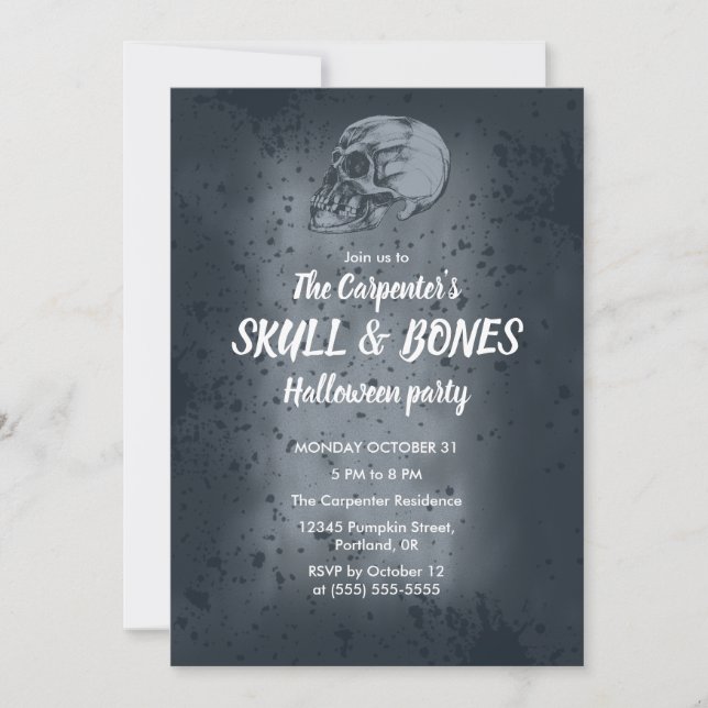 Invitación de Halloween de Calavera y Huesos (Anverso)