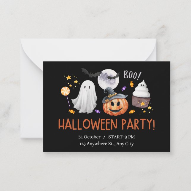 Invitación de Halloween de color negro y Naranja (Anverso)