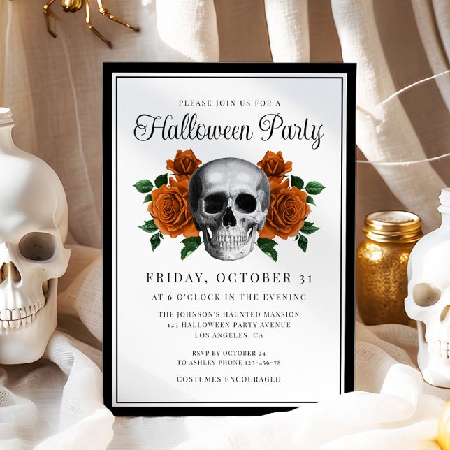 Invitación de Halloween de cráneo floral gótico (Gothic Floral Skull Halloween Invitation)
